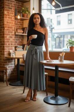 High Waisted Skirt with Bow Tie Belt and Pockets as black crop top shirt